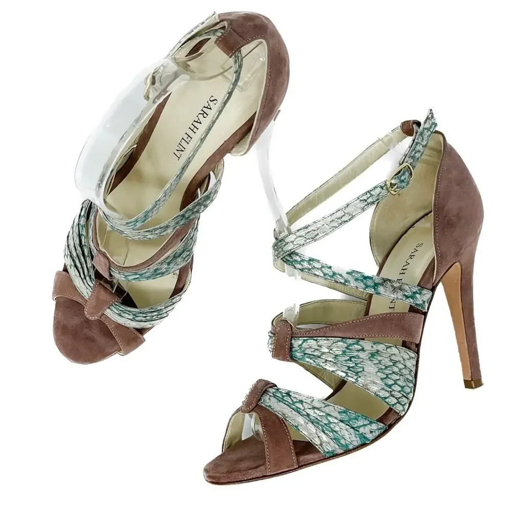 Sarah Flint Vilma Suede & Snakeskin Sandals aqua mauve gold size 37 US7